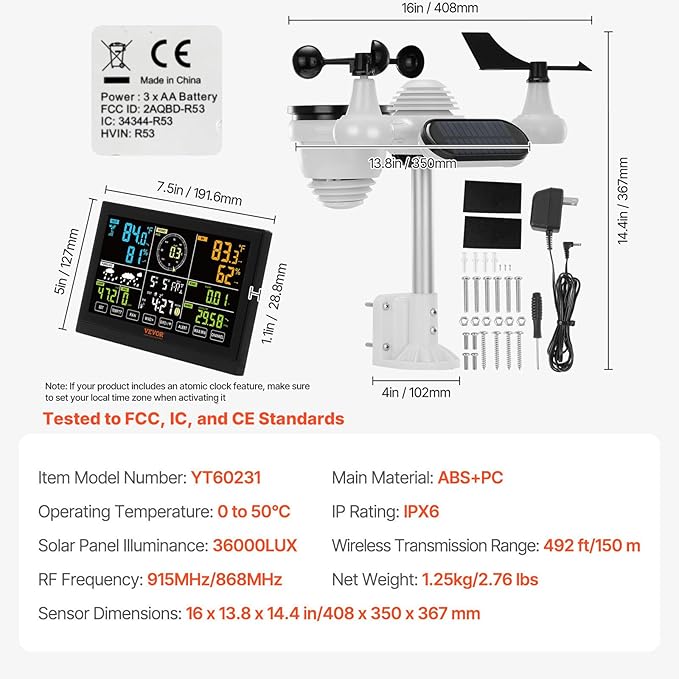 VEVOR 7-in-1 Wireless Weather Station, 7.5 in Color Display, Digital Weather Station Indoor Outdoor, for Temperature Humidity Wind Speed/Direction Rain UV, with Forecast Data, Alarm, Alerts-NO WiFi