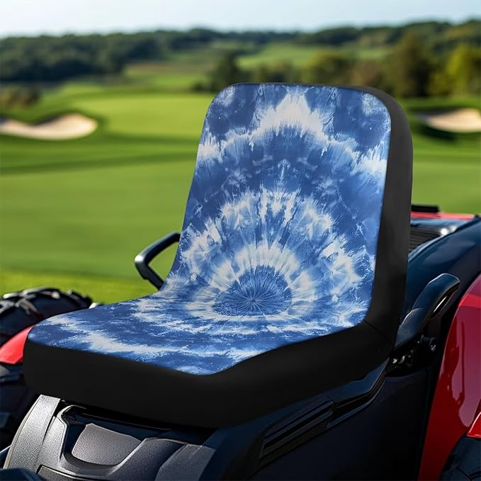 Blue Tie Dye Tractor Seat Cover, Heavy-Duty Waterproof Lawn Mower Seat Cover with Pockets, Universal Fit Riding Lawn Mower Cover for Farm Equipment