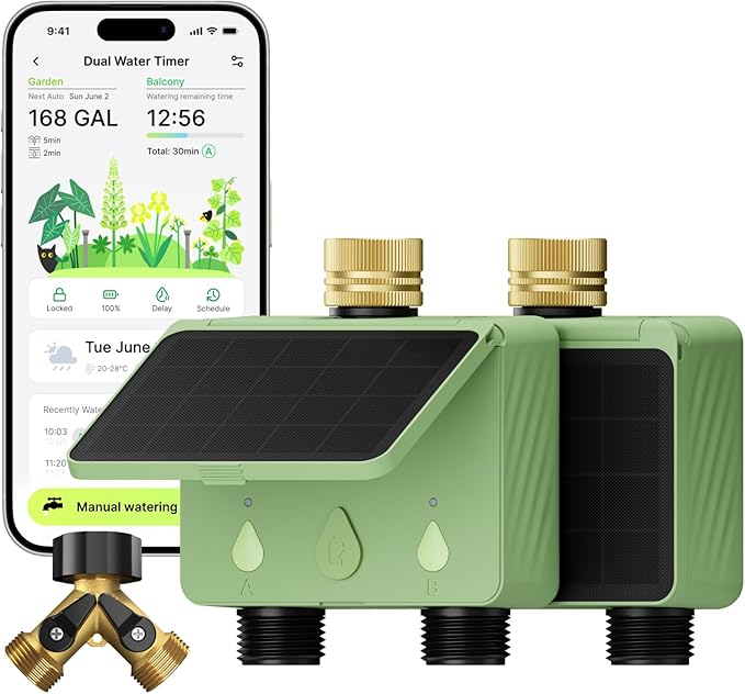 WiFi Water Timer for Garden Hose 2-Pack with Hose Splitter, 2-Zone Solar Powered Smart Irrigation Controller with Flow Meter, Rain Delay & Auto Irrigation, Brass Inlet, No Hub Required