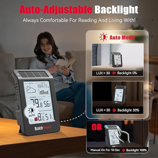 BaldrTherm Outdoor Indoor Thermometer Wireless Weather Station, Dual-Zone Childroom Temp Humidity Monitor, Auto Smart Backlight,Temp/Humidity/Barometric Trend Visualization, Black&White
