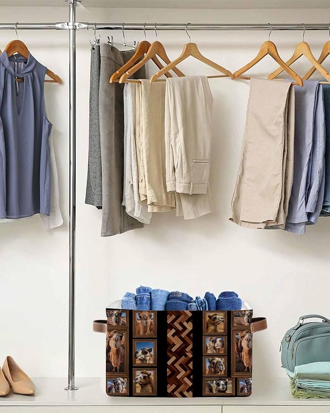 Desert Camels Storage Bins Cubes Waterproof Cloth Storage Basket,Brown Wildlife Farmhouse Animals Rustic Foldable Storage Bags for Shelf Clothes Storages Organizers with Handles 15x11x9.5 in 2PCS