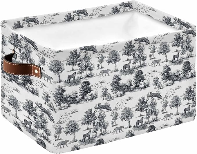Tiger Leopard Storage Bins Cubes Waterproof Cloth Storage Basket, Farmhouse Retro Nature Forest Trees Animals Foldable Storage Bags for Shelf Closet Clothes Organizers with Handles 15x11x9.5 in 1PCS