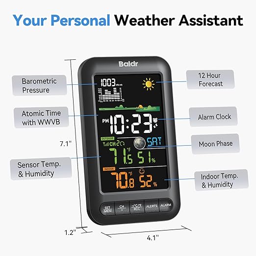 BALDR Digital Color Weather Station Vertical Display with Remote Sensor,12H Forecast,Temperature,Humidity and Atomic Clock,Adapter Powered with Backup Battery,Wireless Indoor Outdoor Thermometer,Black