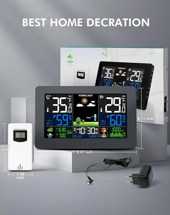 Weather Station Wireless Indoor Outdoor Thermometer, Digital Thermometer with Remote Sensor, Large Display Home Weather Stations with Weather Forecast, Atomic Clock, Barometric Pressure, Moon Phase