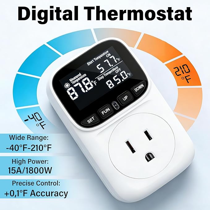 Digital Temperature Controller,Heavy-Duty 15 Amp/1800 Watt Thermostat Socket Plug,VA Display for Heating and Cooling Control Timer,Suitable for Greenhouse Incubators,Homemade Equipment,etc.