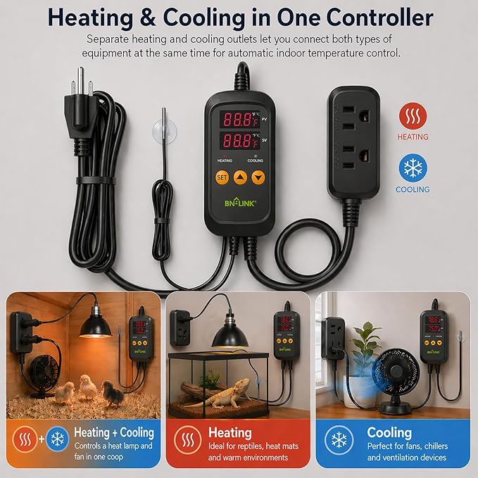 BN-LINK Digital Temperature Controller Thermostat Outlet with Heating Cooling Mode, 2-Stage Outlet Thermostat Controller Plug for Reptiles Aquarium Carboy Homebrew Breeding Fermenter Seed Germination