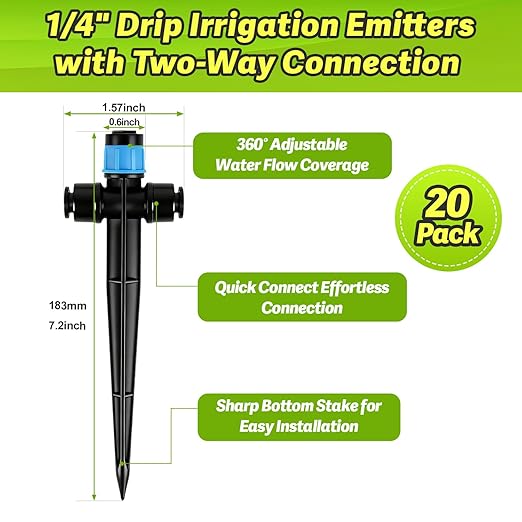 20 Pack Two-Way Quick Connect Drip Emitters Fan Shape with Stake for 1/4" Irrigation Tubing, Adjustable 360 Degree Water Flow Irrigation Vortex Sprayer for Garden Watering System