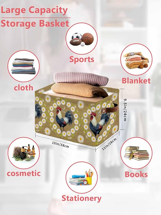 Daisy Rooster Storage Bins Cubes Waterproof Cloth Storage Basket,Spring Floral Farmhouse Botanical Rustic Foldable Storage Bags for Shelf Clothes Storages Organizers with Handles 15x11x9.5 in 2PCS