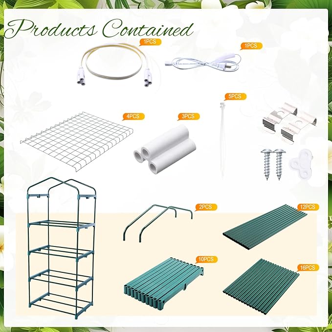 Baquler 4 Tier Mini Greenhouse Indoor Outdoor with 2 Grow Lights, 62'' H x 27'' L x 19'' W PE Cover Portable Vented Greenhouse with Roll up Zipper Door Gardening Stand for Plant Seed Starting (White)