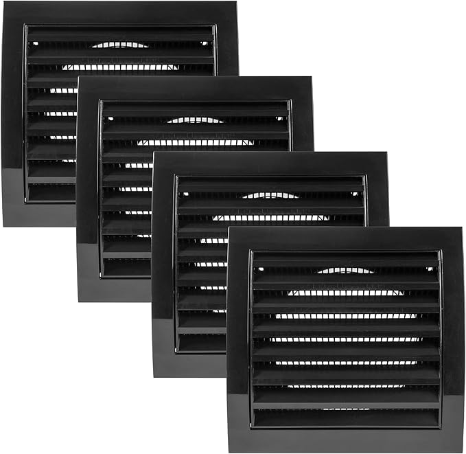 Vent Systems 4'' Inch Black Pack of 4 Air Vent Cover Dryer Vents and Bathroom Exhaust Vents Pipe, Black Louvered Dryer Vent Cover - Exhaust, Supply Air Register Grille with Flange