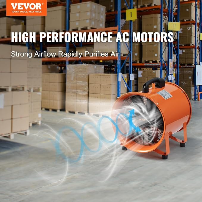 VEVOR Air Mover Blower Fan 12 Inch, 3198CFM 585W with 33ft Flexible Duct, Industrial Portable Ventilator Blower/Exhaust, Orange