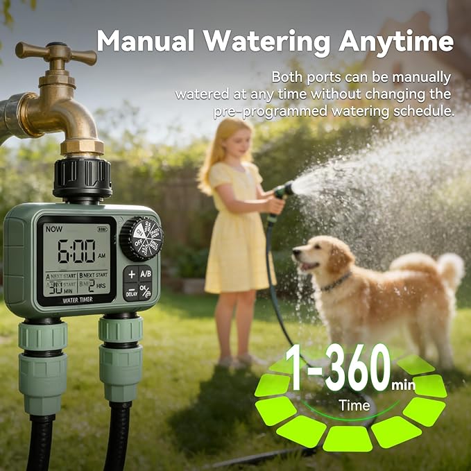 CMARS 2 Zone Sprinkler Timer for Garden Hose – Features Rain Delay, Manual & Automatic Modes, Brass Inlet, Dual Outlet Design, Programmable Watering & Drip Irrigation Ready for Lawn Yard