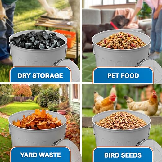 Plexon 20 Gallon Metal Trash Can with Lid Outdoor Large Trash Bin Steel Garbage Can for Garage Patio Farmhouse Bucket Bird Seed Storage Can Heavy Duty Round Container, Gray 3 Pack