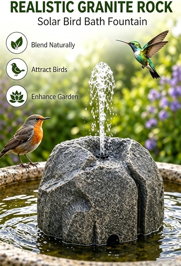 Realistic Granite Rock Solar Bird Bath Fountain - Solar Powered Bird Bath Fountain with Pump and 10 Nozzles, Outdoor Water Feature Resin Stone Look for Garden Pond Patio Yard Decor (White)