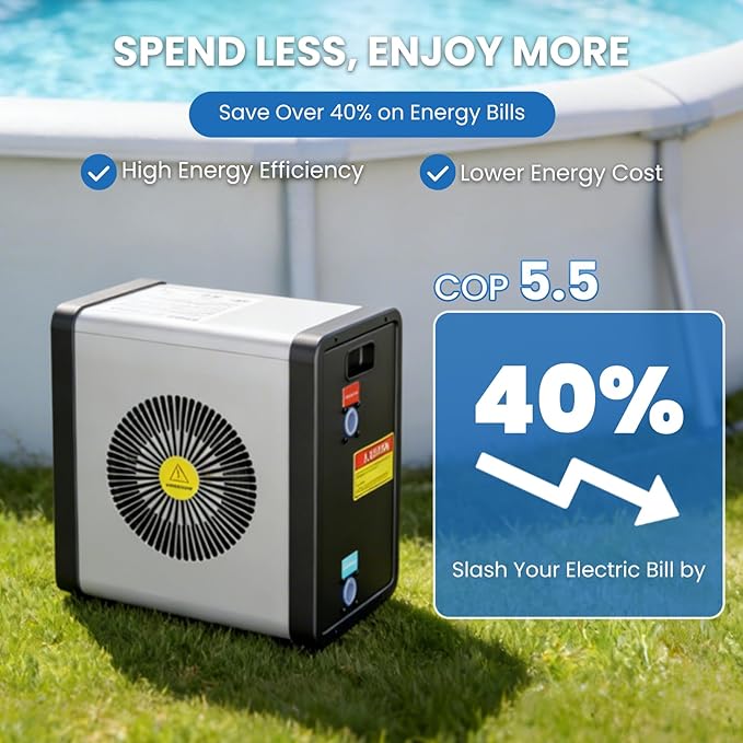 DoCred 17,000 BTU Swimming Pool Heat Pump, Electric Pool Heater for Above Ground Pool up to 5,000 Gallons, Ultra Quiet 29-45 dB, 5.5 COP, 115V, Heating and Cooling Pool Heater