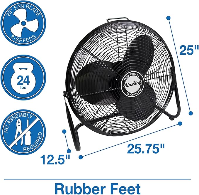 Air King 9220 20-Inch Industrial Grade High Velocity Pivoting Floor Fan, 20 Inches, Black