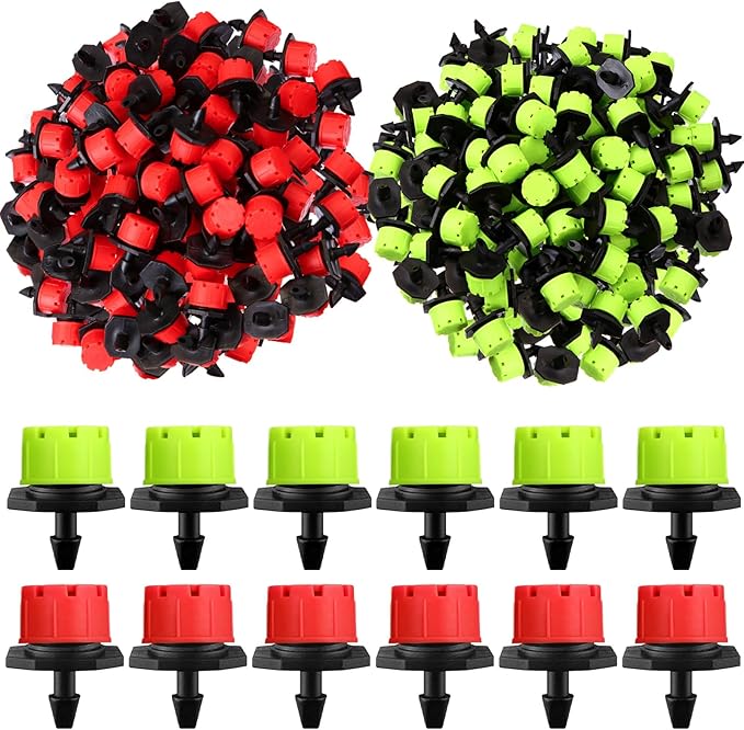 Yaocom 400 Pcs Sprinkler Irrigation Drippers, 1/4 Inch Barbed Drip Emitter, 360 Degree Watering Adjustable Suitable Anti-Clogging Drippers for 4mm/7mm Garden Watering Tubing System (Red,Green)