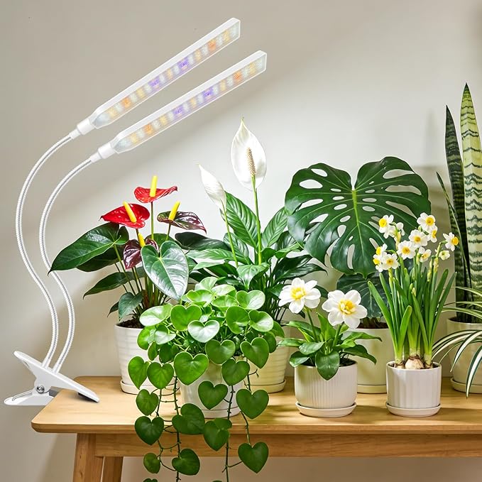 Kullinss White Grow Light, 2-Head Clip On Grow Lights for Indoor Plants with 6/12/16H Timer, 3 Color Modes, 5 Dimmable Levels, 114 LEDs Full Spectrum Plant Lights for Indoor Plants, Herbs, Seedlings