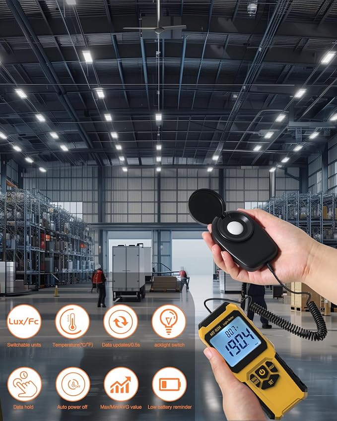 MT-92H Light Meter with Split Sensor Lux/Foot Candles Meter 500ms Refresh Rates Range up to 200,000 Lux Switchable Backlight Temperature Measurer 14℉-140℉