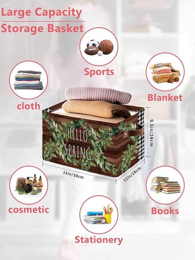 Farmhouse Green Garland Storage Bins Cubes Waterproof Cloth Storage Basket,Spring Black Plaid Wood Grain Foldable Storage Bags for Shelf Clothes Storages Organizers with Handles 15x11x9.5 in 1PCS