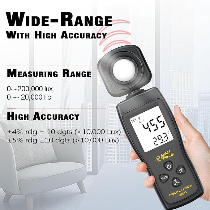 Digital Light Meter, Backlit LCD Display Lux/Foot Candles Meter with 180º Rotating Sensor, Range up to 200,000 Lux Luxmeter,for Photography Plants Lighting Intensity Brightness Measurement