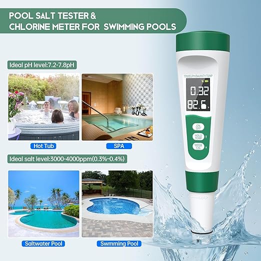 5-in-1 Digital Water Quality Tester with TDS/EC/pH/Salinity/Temperature, Backlit LCD Display, Portable Water Quality Tester for Drinking Water, Hydroponics, Aquariums, Swimming Pools & Laboratories.