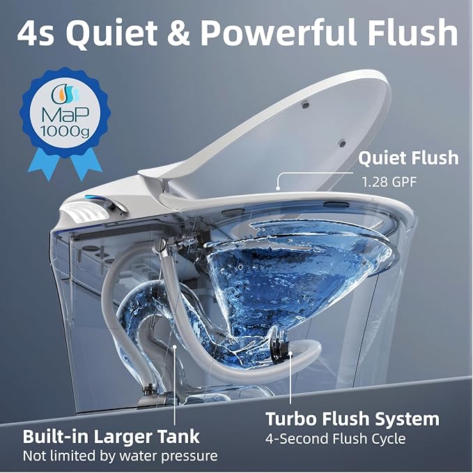 Y1 Smart Toilet, 1000g MaP Quiet Large-Pump Tech Flush, Foam Shield, ADA Comfort Elongated Bidet Toilet, Built in Tank, Dual Remotes, Auto Lid, Instant Warm Water & Air Dryer, Heated Seat