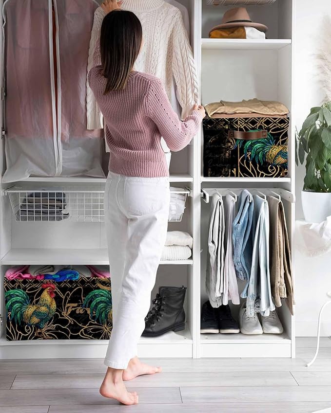 Vintage Rooster Storage Bins Cubes Waterproof Cloth Storage Basket, Farmhouse Elegant Retro Animals Foldable Storage Bags for Shelf Closet Clothes Storages Organizers with Handles 15x11x9.5 in 1PCS