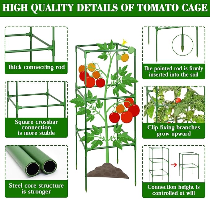 ZeeDix 45 Inch Tomato Cages 4 Pack, Heavy Duty Adjustable Metal Garden Plant Supports for Climbing Vegetables - Square Cage for Tomatoes, Cucumbers, Peas, Flowers with 40 Plant Clips