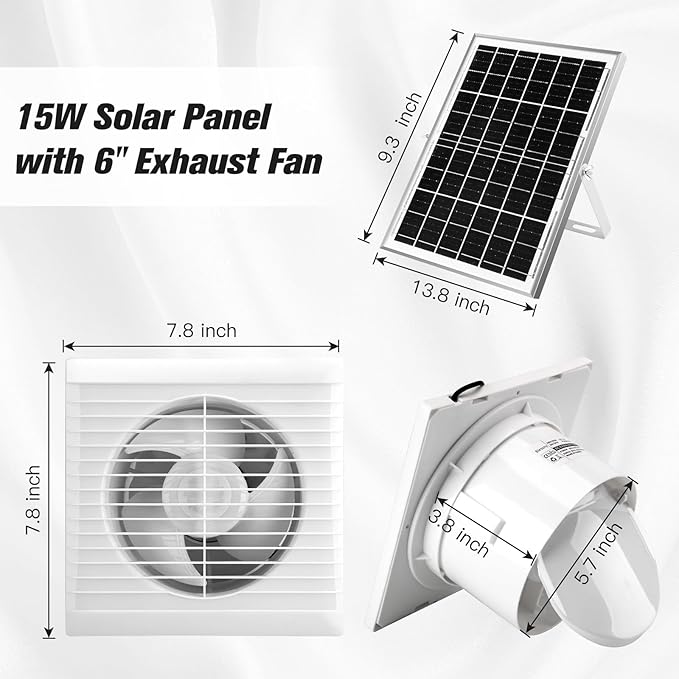 blessny Solar Powered Exhaust Fan, 15W Solar Panel + 6" Ventilation Vent Fan for Outside Greenhouse, Chicken Coop, Shed, Pet House