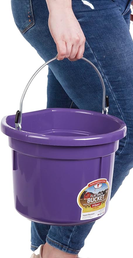 Little Giant® Flat Back Plastic Animal Feed Bucket | Animal Feed Bucket with Metal Handle | Horse Stall Feeding and Watering Supplies (Purple, 8 Quart)