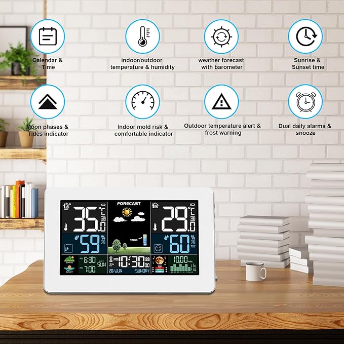 Weather Station Wireless Indoor Outdoor, Thermometer Wireless with Remote Sensor, Home Weather Station, Color Display Digital Weather Forecast, Humidity, Atomic Clock, Air Pressure for Home