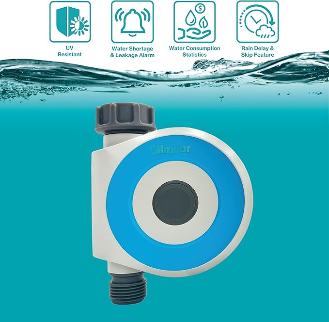 Gilmour Single Outlet Smart Water Timer, WiFi Automatic Watering System, Rain Delay, Battery Operated