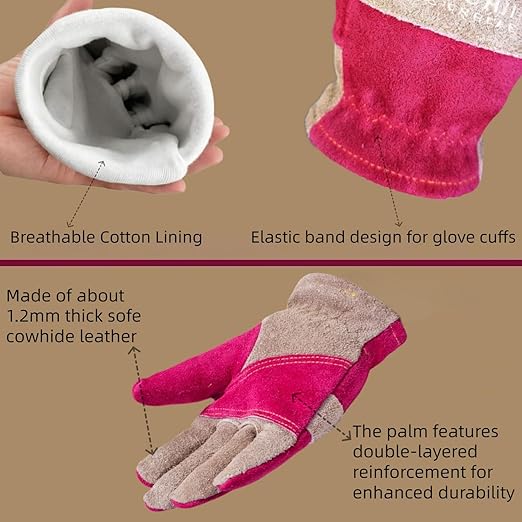 Leather Work Gloves for Women with Cotton Lining, Thorn Proof Gardening Gloves for TIG/MIG Welding, Construction (Rose Red, X-Small)