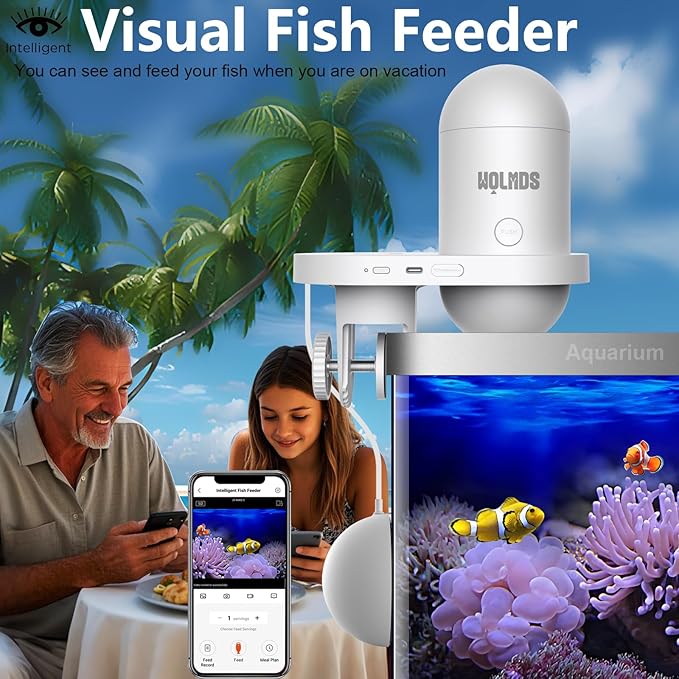 WiFi Automatic Fish Feeder with 2.5K Camera, Smart App-Controlled Timer, Precision Visual Fish Feeder Dispenser for Saltwater/Freshwater/Betta Tanks, 24/7 Time Monitoring for Vacation Feeding