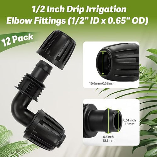 12 Pack 1/2 Inch Drip Irrigation Elbow Fittings (1/2" ID x 0.6-0.65" OD), 1/2'' Dripline Barbed Elbow Connectors with Anti-Drop Lock Nuts for Garden Lawn Irrigation System Connection