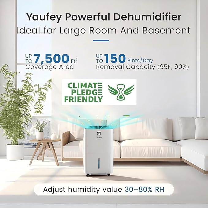 Yaufey 150 Pints Dehumidifier with Pump for Home, Basement and Large Room up to 7500 Sq. Ft., With Drain Hose, Timer, Intelligent Humidity Control and Large Water Tank