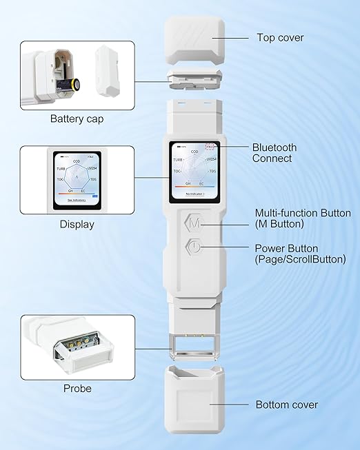 9-in-1 Smart Water Tester with APP Monitoring, Digital Water Test Kit for Turbidity, TDS, EC, Temp, Salt, GH, TOC, COD & UV275, Professional Water Tester for Drinking Water, Well, Tap & Outdoor.