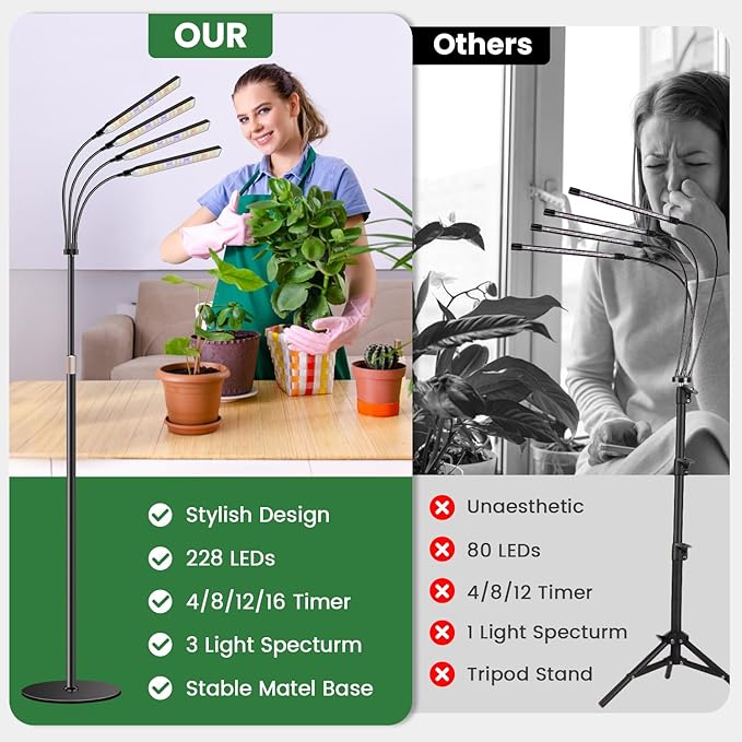 Kullsinss Grow Lights for Indoor Plants with Stand, 4-Heads Full Specturm Plant Grow Light with 4/8/12/16H Timer, 3 Color Modes, 360° Flexible Gooseneck, 24-68.7in Hight Adjustable Grow Lamp, Black