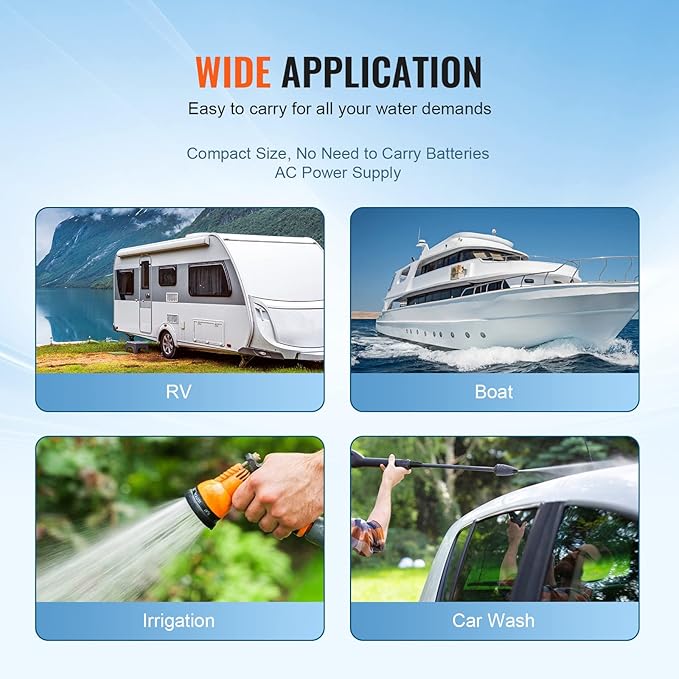 VEVOR Water Pressure Diaphragm Pump, RV Water Pump, Fresh Water Pump110V AC, 3.3 GPM, Pressure Adjustable, Self Priming Sprayer Pump with Pressure Switch for RV Camper Marine Boat Lawn, FCC Certified