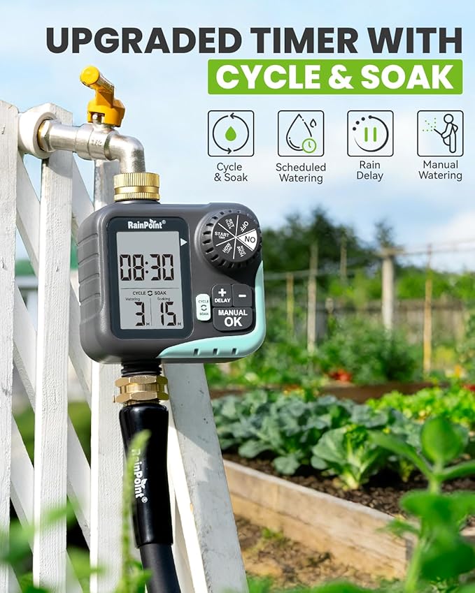 RAINPOINT Sprinkler Timer for Garden Hose - Hose Timer with Cycle & Soak/Rain Delay/Automatic Watering/Manual Watering, Programmable Irrigation System with Large Display for Lawn, Yard, Brass Inlet