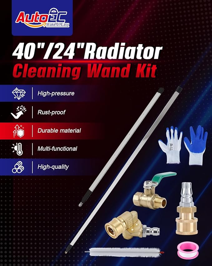 AutoEC Radiator Cleaning Wand, 40" & 24" Water Air Radiator Cleaner, 4500 PSI Stainless Steel Water Air Cleaning Wands for Cars, 180° Swivel Joint & Brush for Trucks, Medium Heavy Equipment