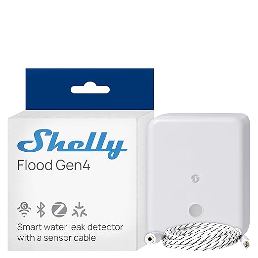 Shelly Flood Gen4, WiFi, Bluetooth, Zigbee, Matter Smart Flood Sensor with Leak Sensor Cable, Alexa, SmartThings, Google Home, Apple HomeKit Compatible, Flood and Rain Detection, Easy to Use, IP44