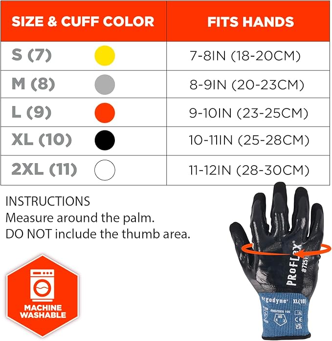 Ergodyne ProFlex 7251 Fully Coated Nitrile Work Gloves, Oil/Water Resistant, ANSI/ISEA 105-2016 A5 Cut Resistance, Touchscreen Capable