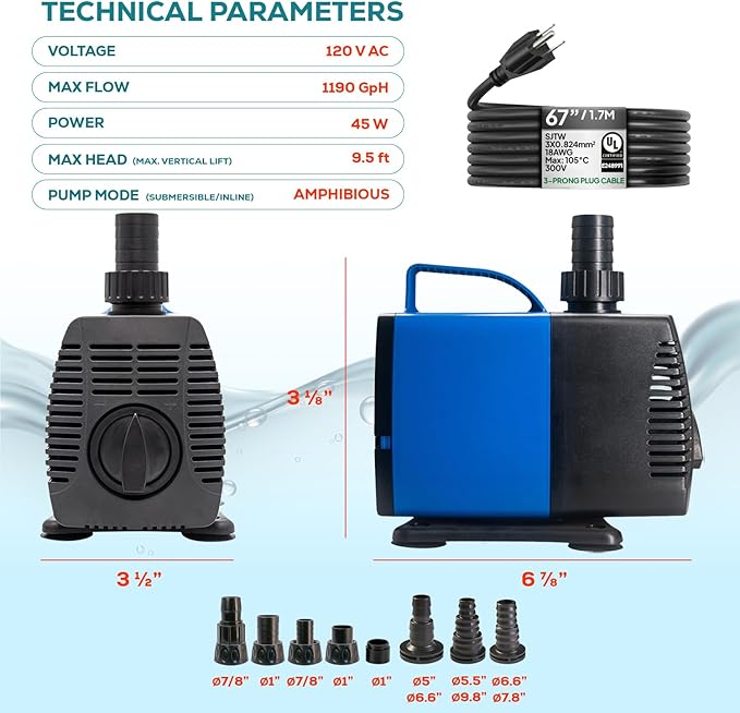 Aqua Dream 713 GPH Amphibious Water Pump - 45W Submersible or Inline External Pump with Corrosion Resistant Ceramic Shaft, 8.5ft Max Lift for Aquariums, Ponds, and Hydroponics - 5 Pcs