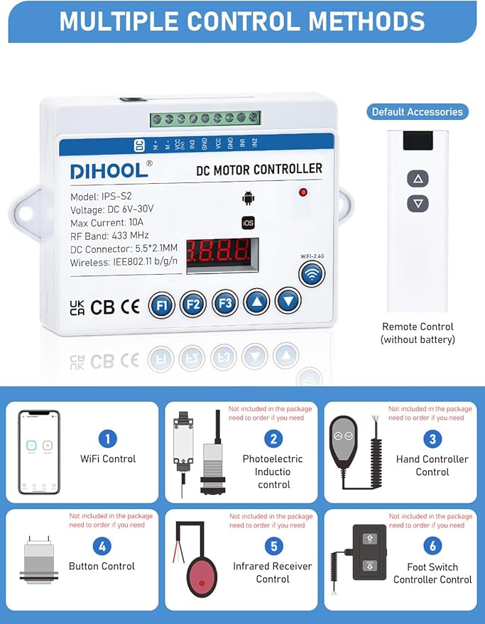 DIHOOL Electric Linear Actuator Controller with Current Limit, WiFi and Timer, Smart eWeLink Control, Remote Wireless 12V 24V DC Motor Controller, Rebound When Obstacles Protection, Load Safety