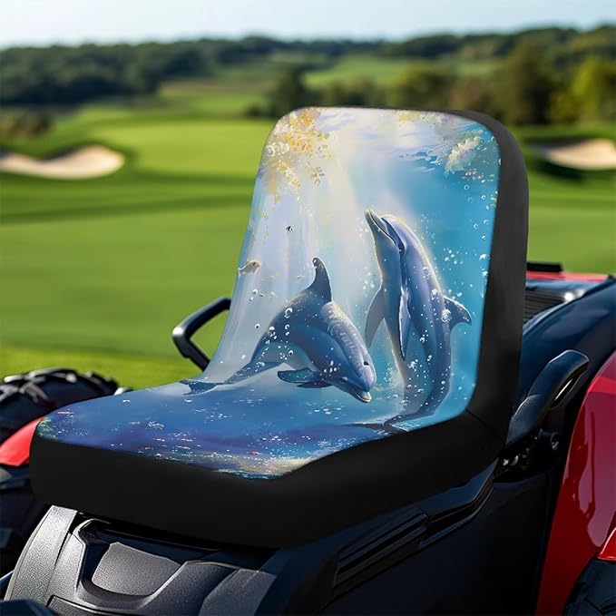 Dolphins Riding Lawn Mower Seat Cover, Waterproof Wear-Resistant Lawn Mower Seat Cover with Pockets, Heavy Duty Tractor Seat Cover for Most Lawnmowers