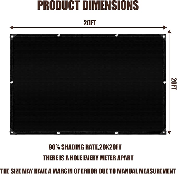 90% Sun Shade Cloth for Garden, 20 * 20FT Heavy Duty Shade Tarp with Grommets & Reinforced Edges - UV Resistant Sunblock Net for Patio, Backyard, Greenhouse, Kennel, Pergola, Black