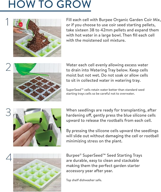 Burpee SuperSeed Starting Tray | 16 XL Cell | Reusable & Dishwasher Safe | for Vegetable, Flower & Herb Seeds | Indoor Grow Kit for Deep-Rooted Seedlings, Green