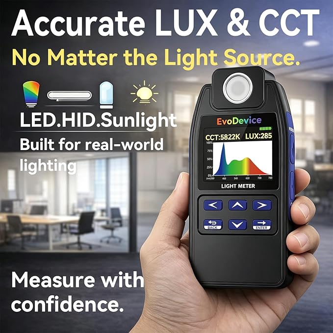 E130 Light Meter – Accurate Lux & Color Temperature (CCT) for Any Light Source, 99-Point Light Mapping, Hold Freeze, Spectrum Mode Accurate for 420/450nm White LEDs